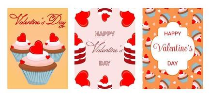 Vector illustration. Collection of postcards for valentine's day. Sweet pastries.