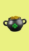 Rotating pot with gold coins, St. Patrick's Day vertical 3d animation in cartoon style. video