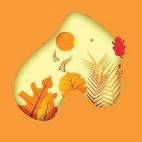 Autumn background, tree paper leaves, yellow backdrop, design for fall season sale banner, poster or thanksgiving day greeting card, festival invitation, paper cut out art style, vector illustration.