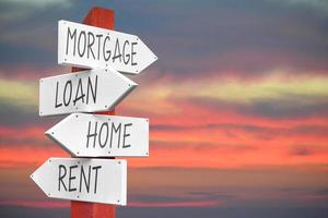 Mortgage, Loan, Home, Rent - Wooden Signpost with Four Arrows photo