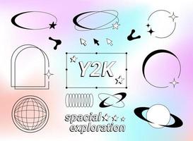 Collection of Y2K vector aesthetic elements, frames, shapes and graphics on a gradient chrome background