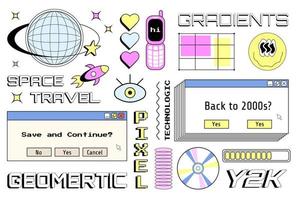 Set of Y2K elements, group of vector objects in Y2K style, nostalgic illustrations, futuristic objects, old-fashioned text.