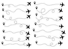 Airplane travel path set vector illustration isolated on white