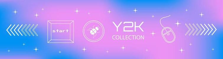 Y2K aesthetic horizontal banner with gradient background and white line technological elements vector