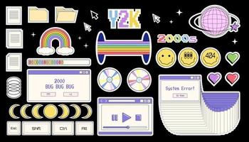 Set of Y2K aesthetic stickers and labels, vector illustrations with retro objects and symbols.