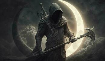 illustration painting of the Death as know as Grim Reaper holding the scythe against the eclipse on the background, digital art style, Generate Ai photo