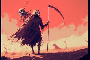 man standing on top of a hill holding a scythe. . photo