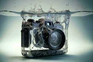 Modern SLR photocamera falling under water with water splashes. Neural network generated art photo