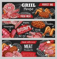 Sketch banners, butchery shop meat and sausages vector