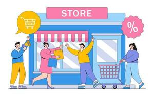 Various shops, discounts, investing in real estate, shopping, purchase of goods and gifts concept with people character. Outline design style minimal vector illustration for landing page, web banner