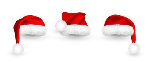 Realistic Red Santa Claus hat isolated on white background. Gradient mesh Santa Claus cap with fur. Vector illustration