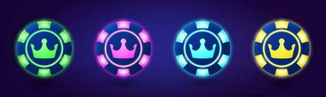 Neon poker game chips with crown light vector