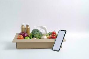 smartphone with food delivery application over table with fresh groceries isolated on white background, generate ai photo