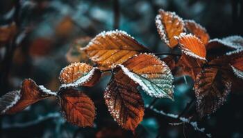 Vibrant autumn foliage on frosty maple tree in forest background generated by AI photo