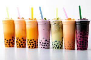 Plastic cups of different tasty bubble tea created with Generative Al technology photo