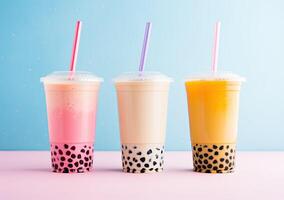 illustration of product photo of 3 plastic cups of boba milk tea, with bubbles, fun, solid soft pastel background