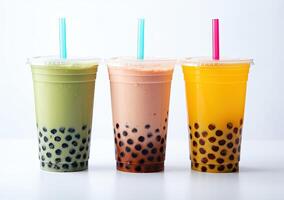 illustration of product photo of 3 plastic cups of boba milk tea, with bubbles, fun, solid soft pastel background