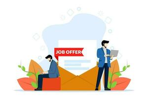 Job offer concept, recruitment search, career start, vacancy. Recruitment search. We're hiring posters. Male employee with case acceptance letter with job offer. Vector illustration in flat design.