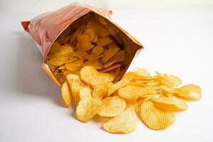 Potato chips, delicious BBQ seasoning spicy for crips, thin slice deep fried snack fast food in open bag. photo