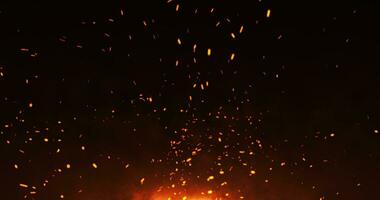 Flying sparks and embers from a fire. abstract glowing particles of burning fire and smoke on a black background, campfire flares video