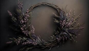 , Close up of blooming flowerbeds of amazing lavender purple flowers wreath on dark moody floral textured background, copy space. photo