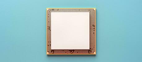 Photo of a computer chip on a blue background with plenty of space for text or other elements with copy space