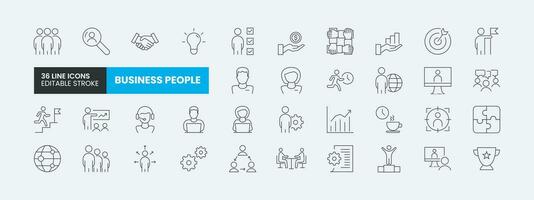 Set of 36 Business people line icons set. Business outline icons with editable stroke collection. Includes, team, teamwork, partnership, meeting and more icons. vector