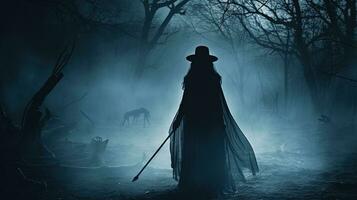 A spooky forest with a ghostly woman holding a scythe alluding to Halloween. silhouette concept photo