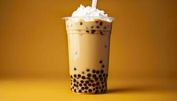 A bubble tea in a plastic cup. Generative AI photo