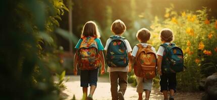 Kids holding backpacks standing in front of a street photo