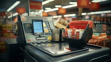 Beautiful smiling cashier working at grocery store,cashier photo