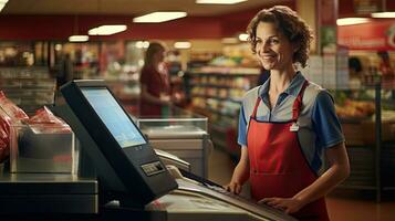 Beautiful smiling cashier working at grocery store,cashier photo