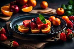 fresh fruit and berries on a plate. AI-Generated photo