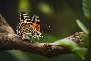 a butterfly is sitting on a branch in the forest. AI-Generated photo