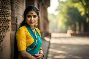 a woman in a yellow sari and blue blouse leaning against a wall. AI-Generated photo