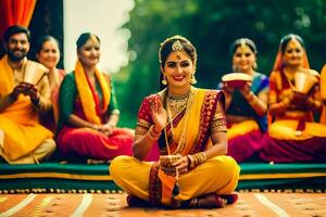 a woman in traditional indian attire sits on the ground with her friends. AI-Generated photo