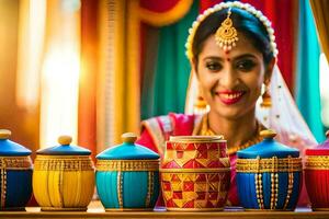 a woman in traditional indian attire is smiling at the camera. AI-Generated photo