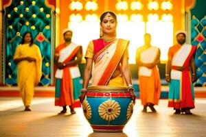 a woman in traditional indian attire is holding a drum. AI-Generated photo