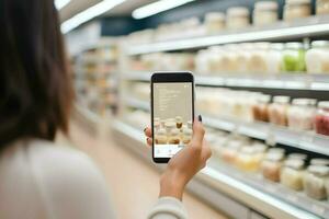 A woman using a smartphone while shopping in a grocery store. AI Generated photo