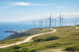 Wind turbines on a hillside in Cape Town, South Africa, View from Cape Kaliakra to an offshore wind farm in Bulgaria, AI Generated photo