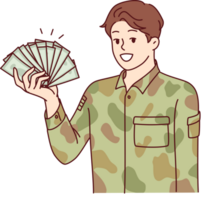 Man in military uniform holds money, calling to become soldier army for large income or preferences png