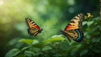 Nature background with a beautiful flying butterfly with green forest AI Generative photo