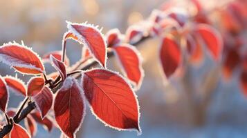 AI generated Orange beech leaves covered with frost in late fall or early winter. photo