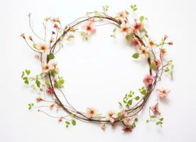 AI generated a circle wreath of pink and peach flowers, photo