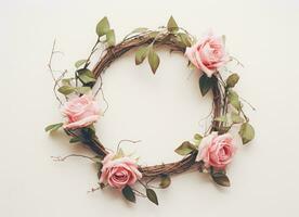 AI generated pink rose wreath with leaves photo