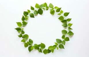 AI generated a circle of green leaves made on a white surface photo