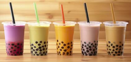 AI generated Plastic cups of different tasty bubble tea on wooden background. Generative AI photo