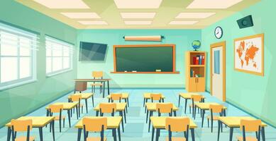 Empty School Class Room Interior Board. cartoon Education background. Education concept. college or university training room with chalkboard, table, desks, chairs. Vector illustration in a flat style