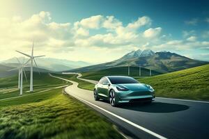 AI generated Electric car drive on the wind turbines background. Car drives along a mountain road. Electric car driving along windmills farm. Alternative energy for cars. Car and wind turbines farm photo