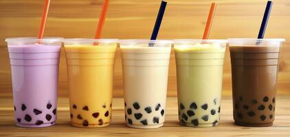 AI generated Plastic cups of different tasty bubble tea on wooden background. Generative AI photo